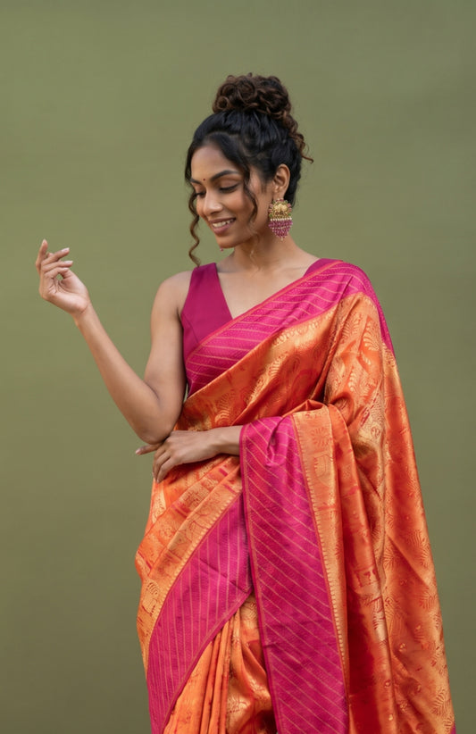 Red Banaras Katan Silk Saree with Floral Jaal