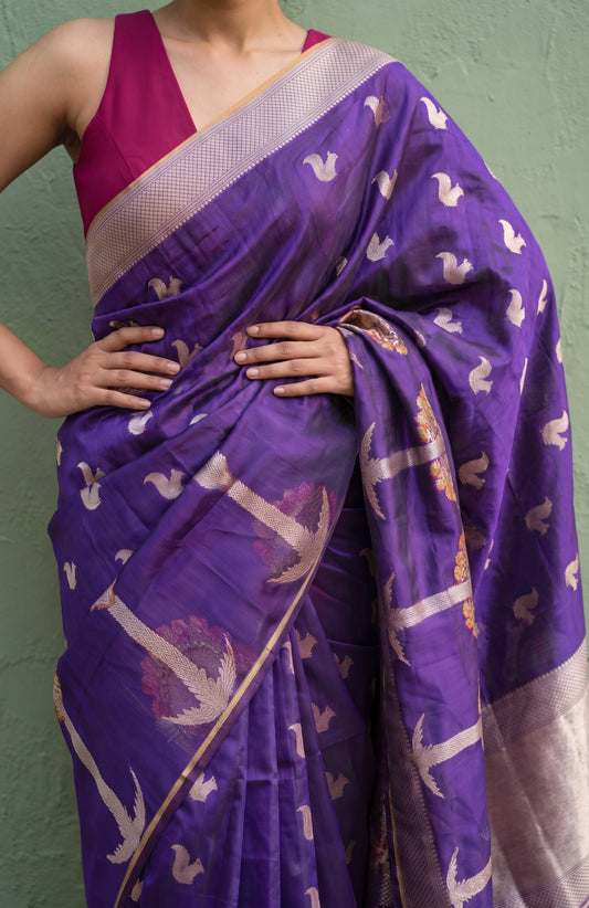 Violet Kora Silk Saree with Meenakari Work