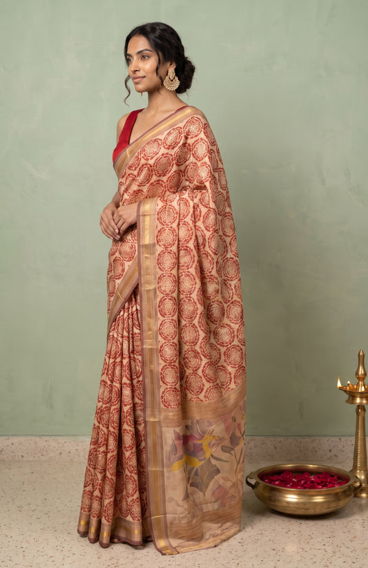 Cream Patan Patola Silk Saree with Kaddi Border