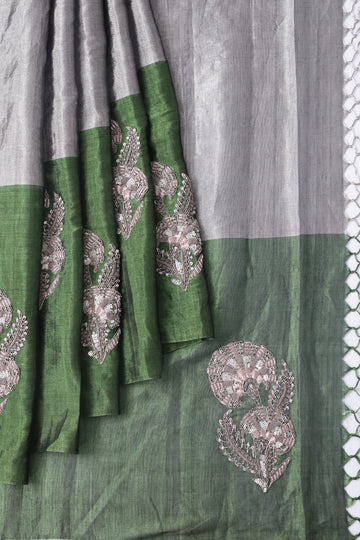 Grey Organza Tissue Silk Saree
