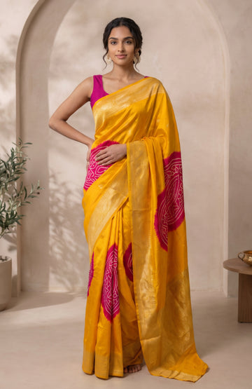 Yellow Mashru Banarasi Silk Saree with Bandhani & Batik Design