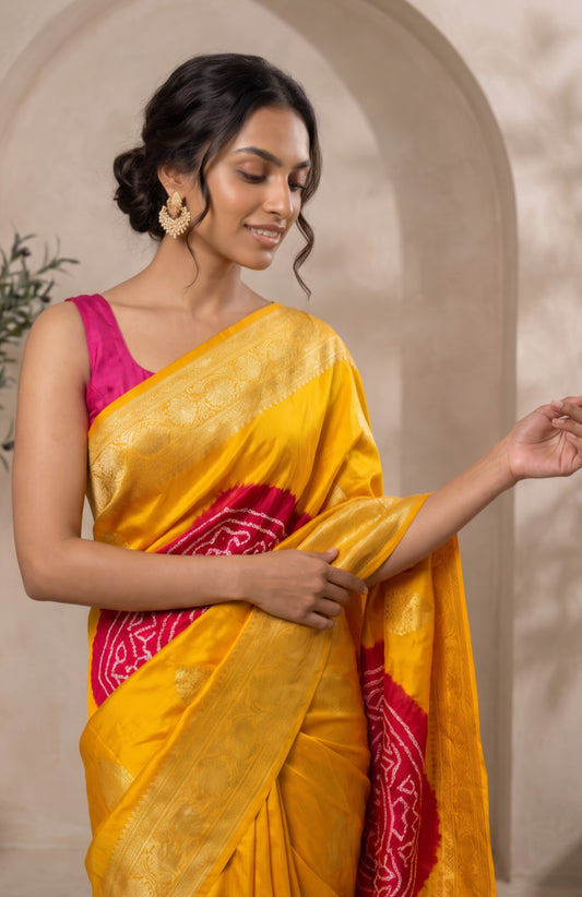 Yellow Mashru Banarasi Silk Saree with Bandhani & Batik Design