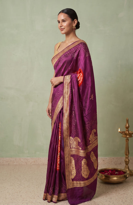 Purple Mashru Silk Saree with Bandhani Butta & Batik Print
