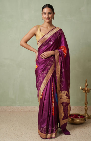 Purple Mashru Silk Saree with Bandhani Butta & Batik Print