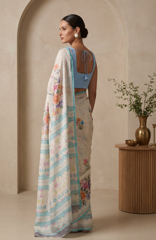 Off-White Bengal Cotton Jamdani Saree with Sea Green Border