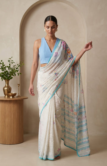 Off-White Bengal Cotton Jamdani Saree with Sea Green Border