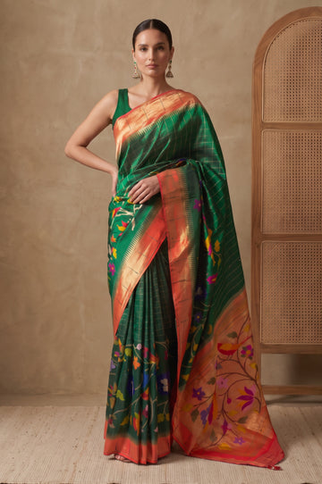 Green Paithani Silk Saree with Gold Zari Checks