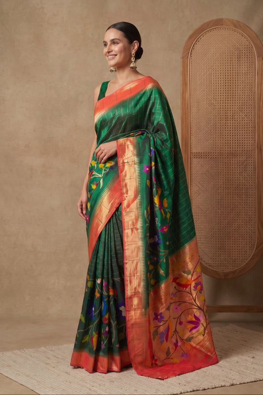Green Paithani Silk Saree with Gold Zari Checks