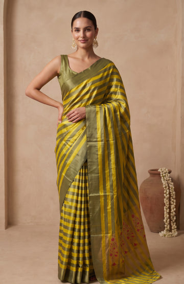 Olive Green Mashru Silk Saree with Gold Zari Stripes