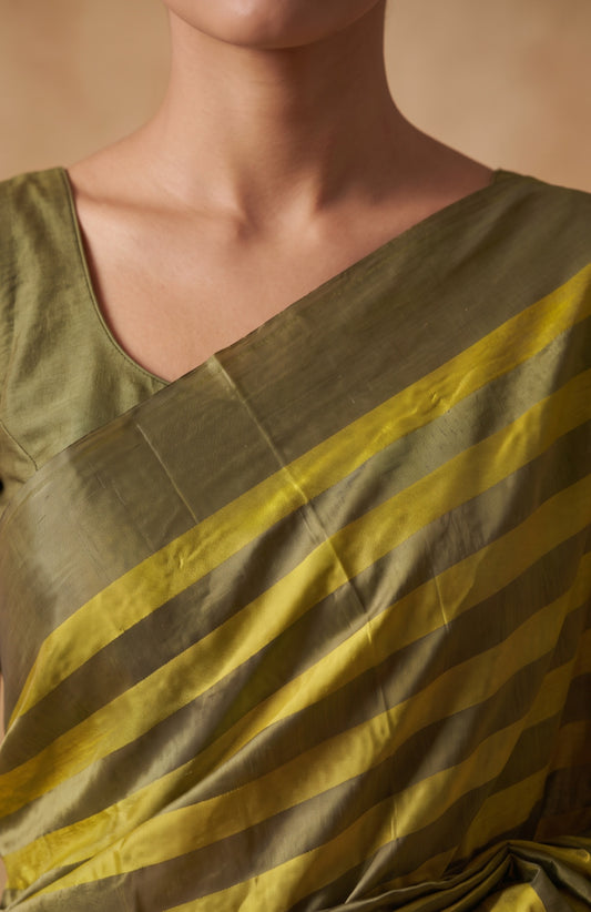 Olive Green Mashru Silk Saree with Gold Zari Stripes