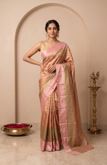 Multicolour Mashru Silk Saree with Pink Border