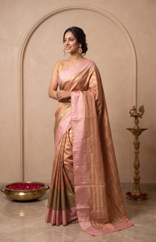 Multicolour Mashru Silk Saree with Pink Border