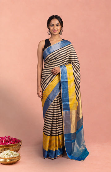 Multicolour Mashru Silk Saree with Blue Zari Border