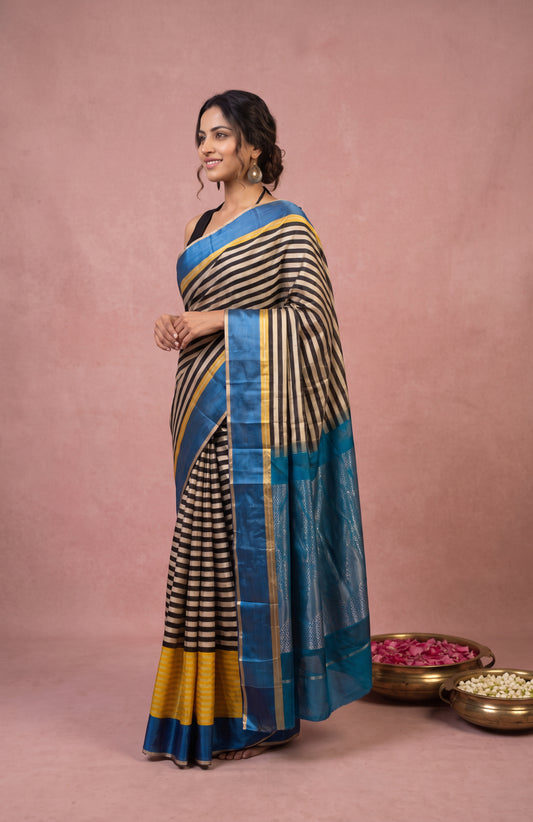 Multicolour Mashru Silk Saree with Blue Zari Border
