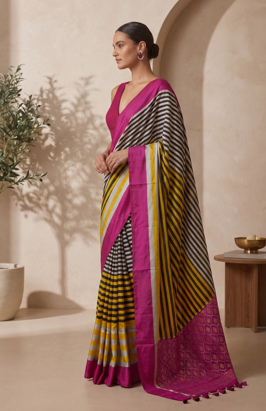 Multicolour Striped Mashru Silk Saree with Zari Pallu