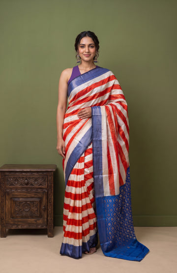 Cream Mashru Silk Saree with Red Stripes