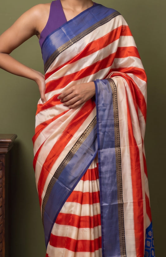 Cream Mashru Silk Saree with Red Stripes
