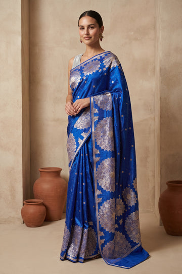 Deep Blue Mashru Silk Saree with Rangoli Motifs