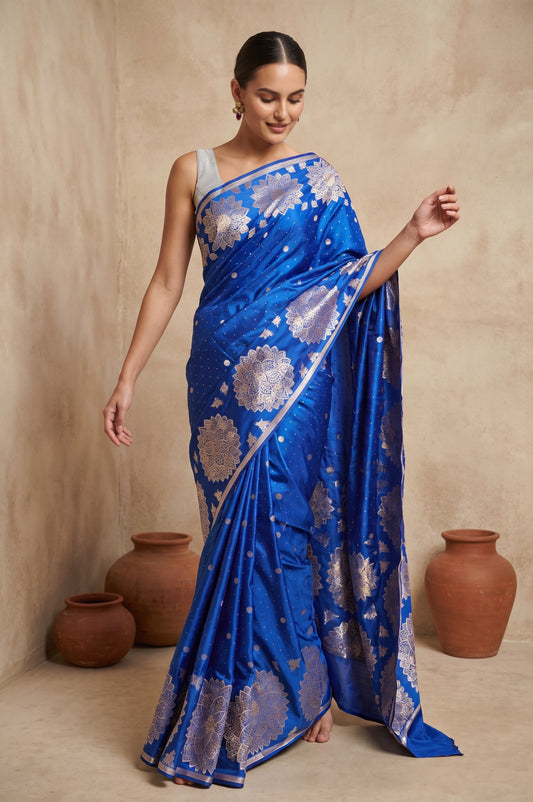 Deep Blue Mashru Silk Saree with Rangoli Motifs