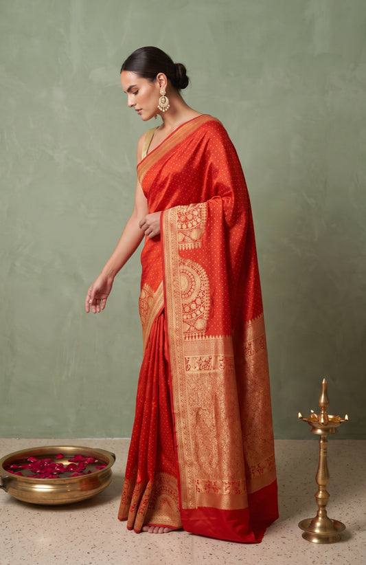 Red Mashru Silk Saree with Rudraksha Butta