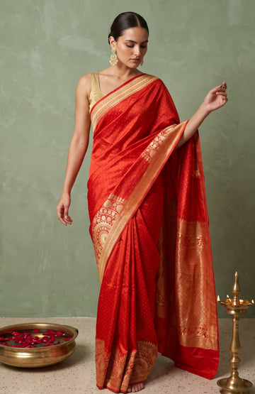 Red Mashru Silk Saree with Rudraksha Butta