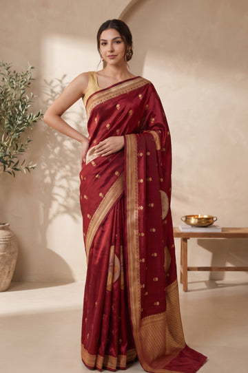Maroon Floral Zari Mashru Silk Saree with Tree Motifs
