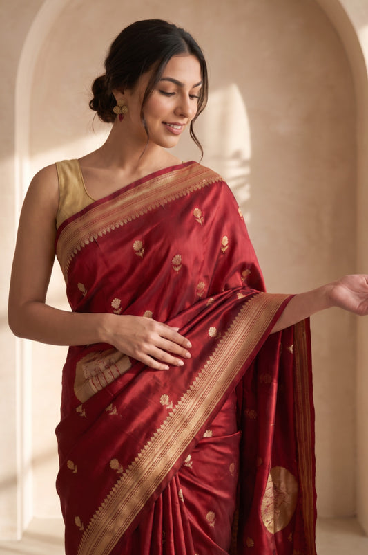 Maroon Floral Zari Mashru Silk Saree with Tree Motifs