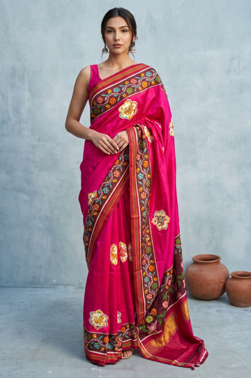 Pink Patan Patola Silk Saree with Animal Motifs
