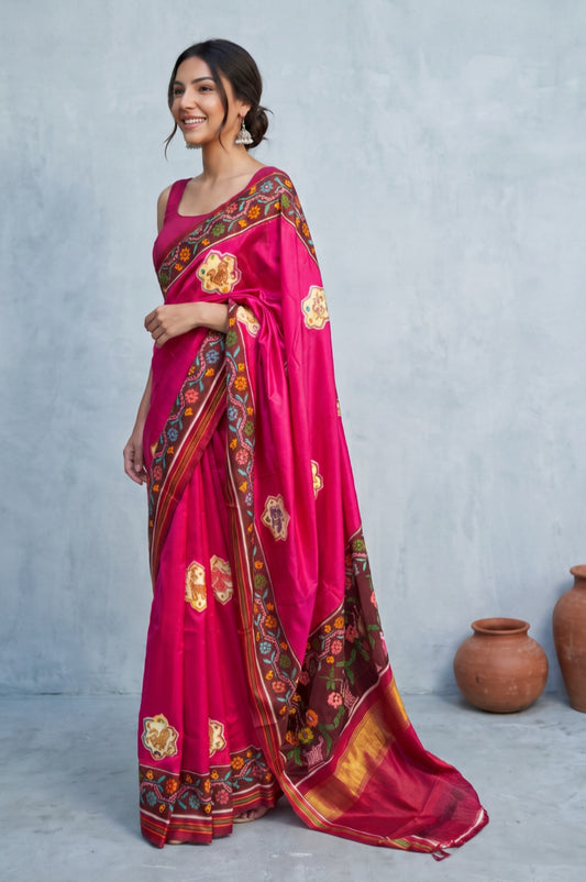 Pink Patan Patola Silk Saree with Animal Motifs