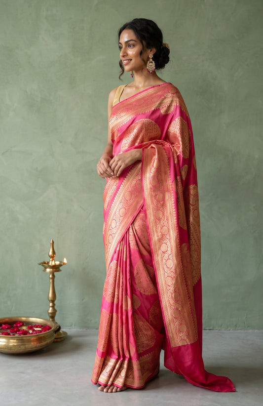 Pink Rangoli Zari Mashru Silk Saree With Floral Creepers