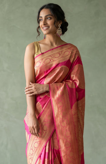 Pink Rangoli Zari Mashru Silk Saree With Floral Creepers
