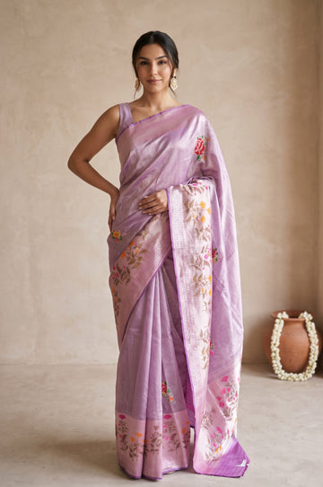Lavender Banarasi Kora Tissue Silk Saree with Petit Point  Work