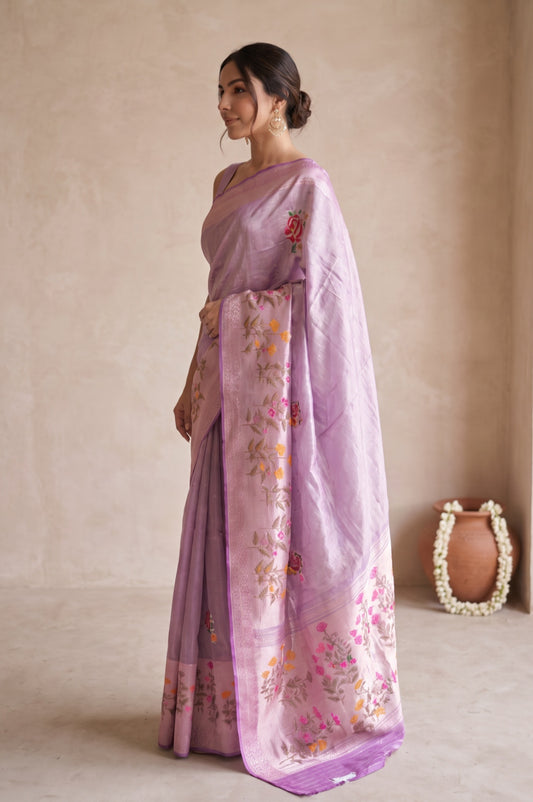 Lavender Banarasi Kora Tissue Silk Saree with Petit Point  Work