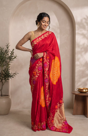 Red Elegance Mashru Silk Saree With Bandini-inspired  Design