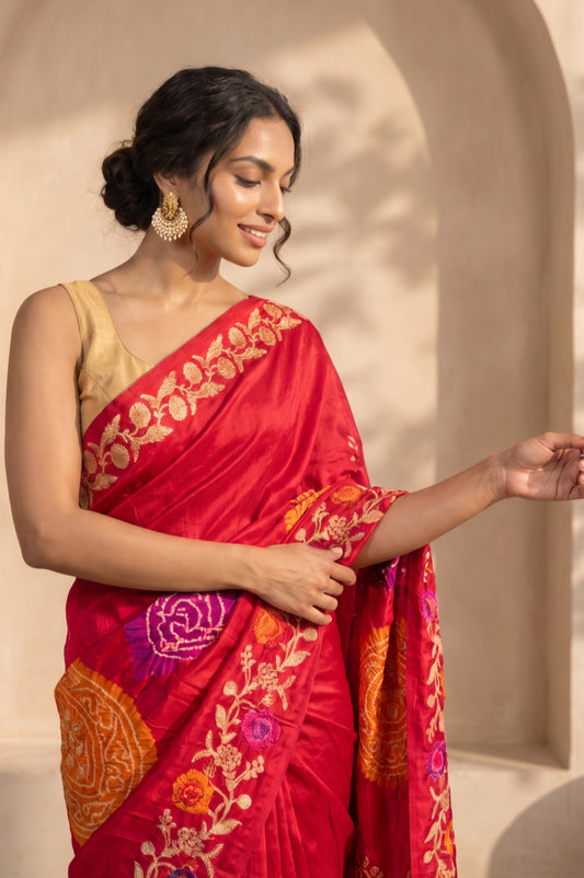 Red Elegance Mashru Silk Saree With Bandini-inspired  Design