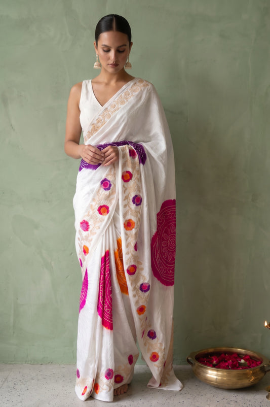 White Mashru Silk Saree with Bandhani & Rangoli Motifs