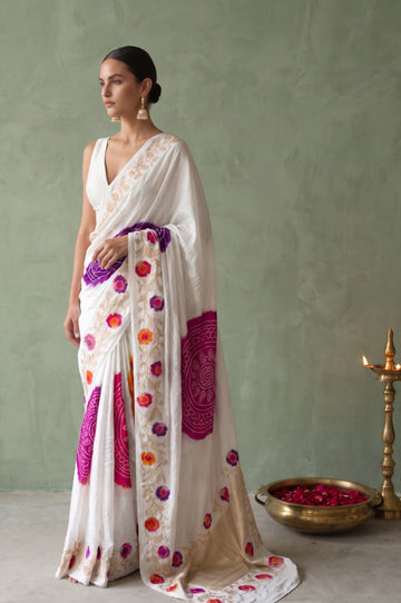 White Mashru Silk Saree with Bandhani & Rangoli Motifs