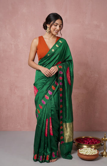 Rich Green Mashru Silk Saree With Rangoli Motifs