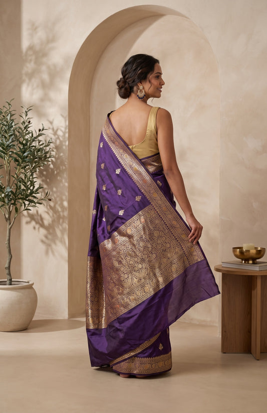 Violet Banaras Katan Silk Saree with Mango Motifs