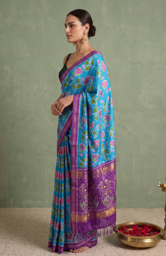 Sea Blue Patan Patola Silk Saree with Floral Pallu