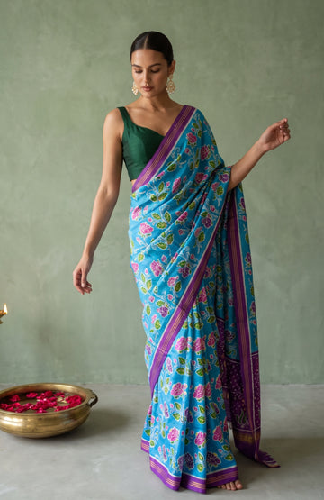 Sea Blue Patan Patola Silk Saree with Floral Pallu