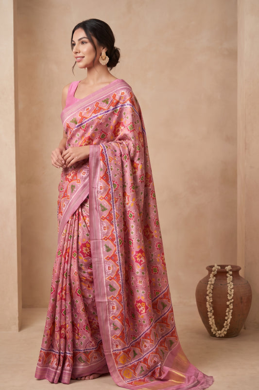 Onion Pink Patan Patola Silk Saree with Gold Zari Kaddi Pallu