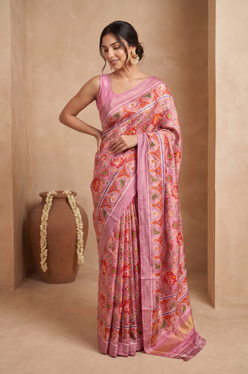 Onion Pink Patan Patola Silk Saree with Gold Zari Kaddi Pallu