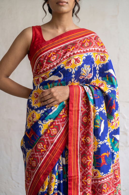 Navy Blue Patan Patola Silk Saree with Animal Motifs