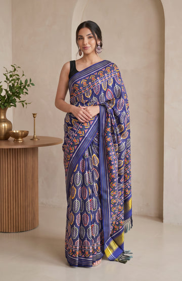 Navy Blue Patan Patola Silk Saree with Kaddi Border