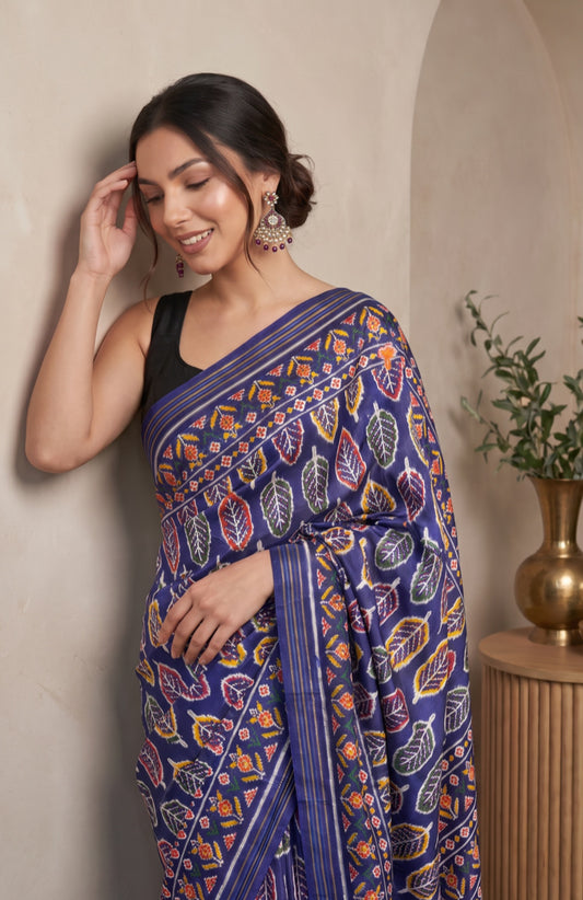 Navy Blue Patan Patola Silk Saree with Kaddi Border