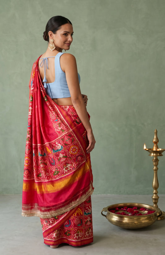 Pink Patan Patola Silk Saree with Animal Motifs