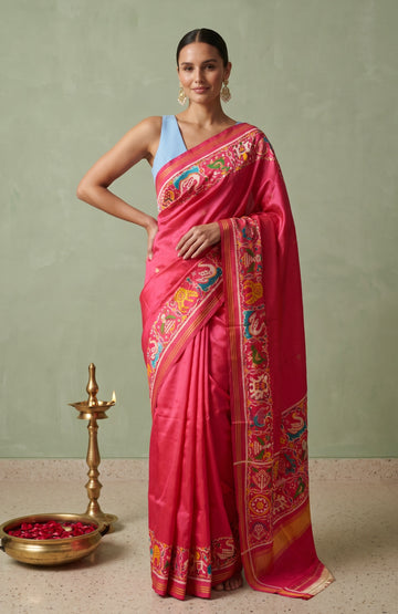 Pink Patan Patola Silk Saree with Animal Motifs