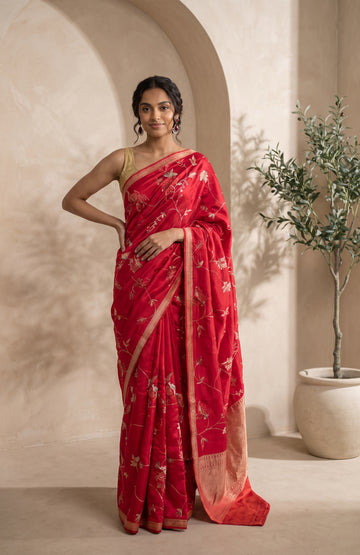 Red Banarasi Katan Silk Saree with Gold Zari Floral Jaal