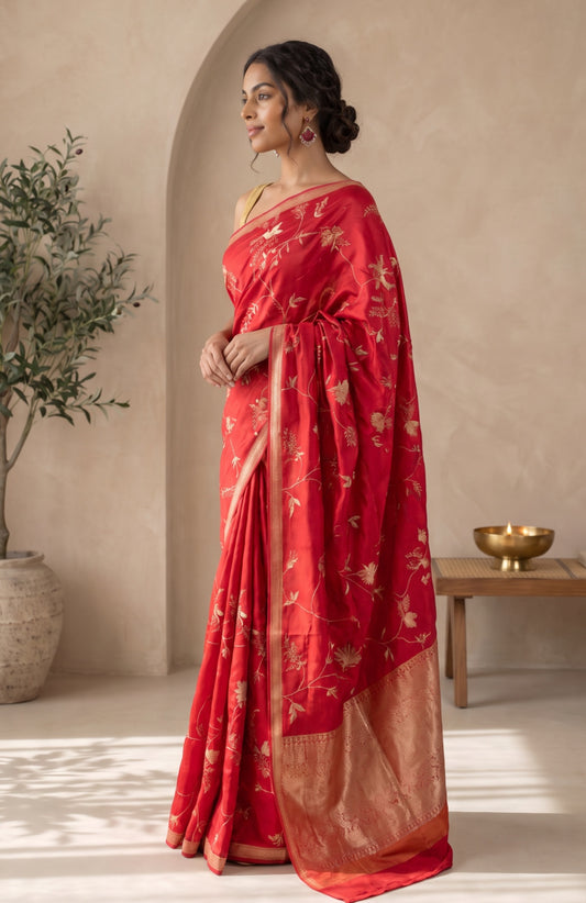 Red Banarasi Katan Silk Saree with Gold Zari Floral Jaal